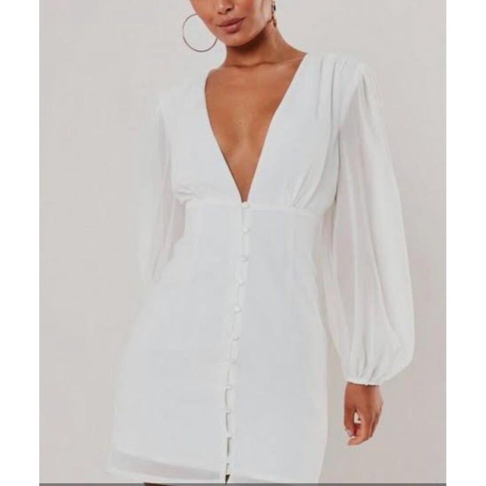 Missguided Womens US 6 White Button Front Mini Dress Long Sleeve NWT